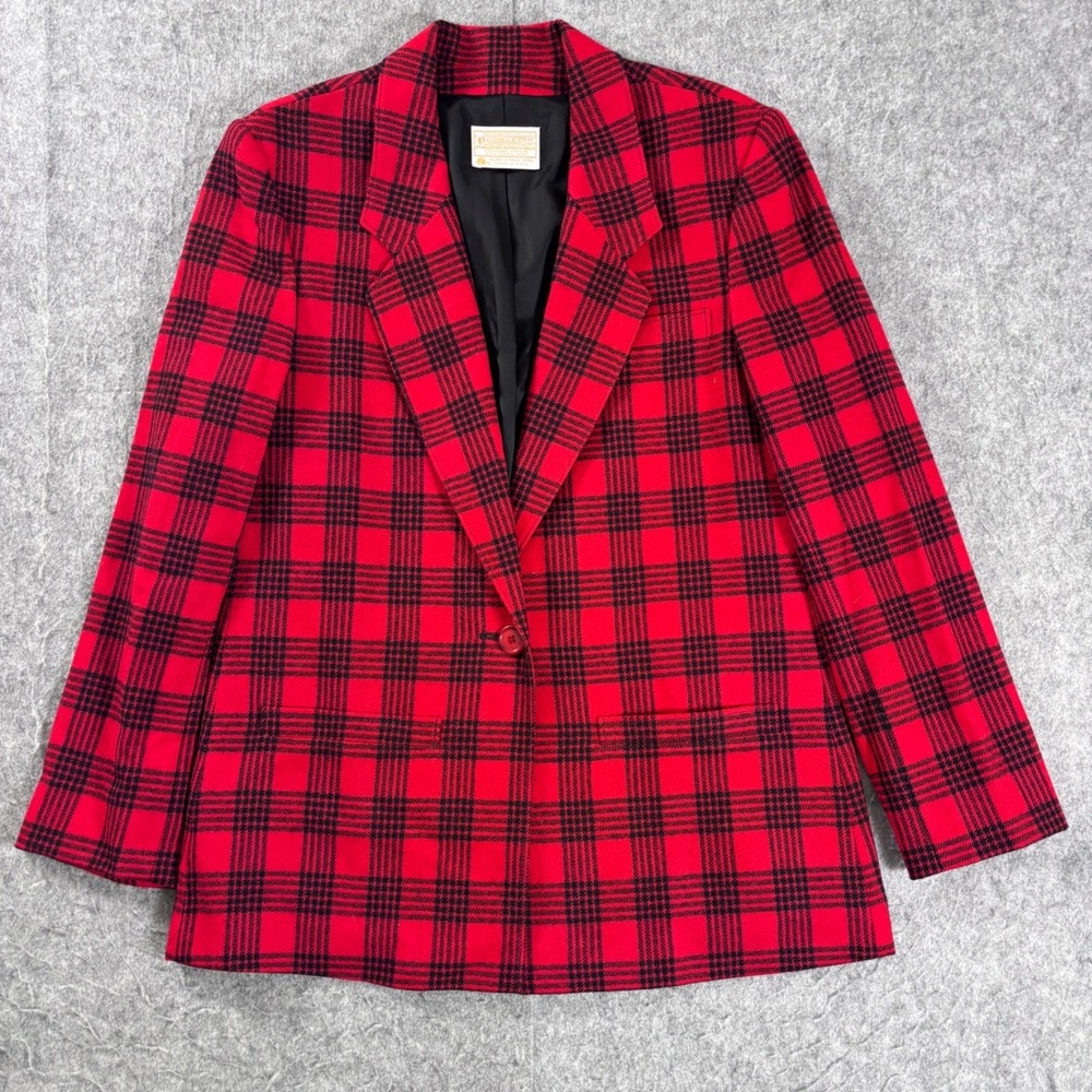 Pendleton Womens Red Black Plaid Wool Blazer Jacket Size 10 Vintage USA Made